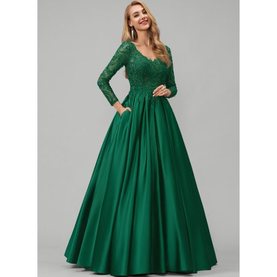Ball-Gown/Princess V-Neck Floor-Length Satin Prom Dresses With Beading Sequins