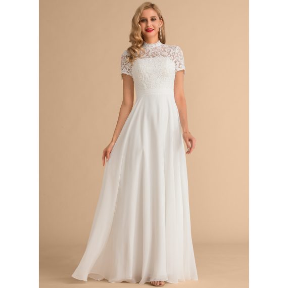 A-Line High Neck Floor-Length Chiffon Lace Wedding Dress