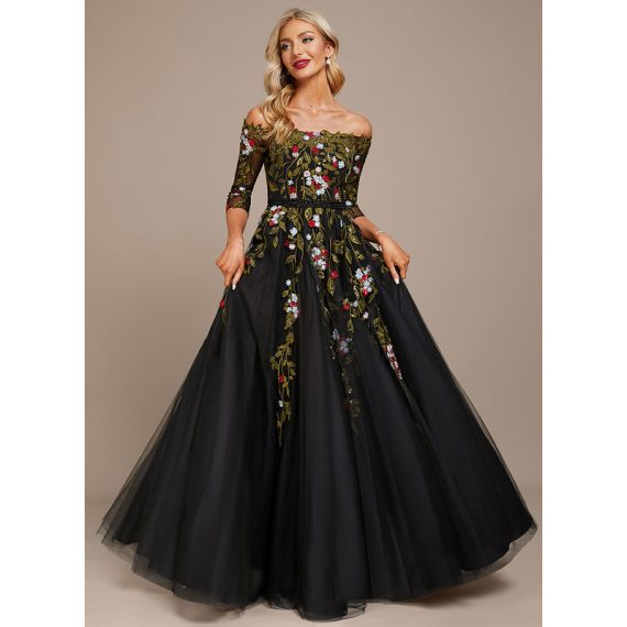 Ball-Gown/Princess Off-the-Shoulder Floor-Length Tulle Lace Evening Dress With Beading