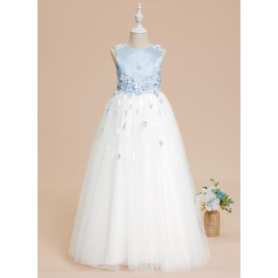 Ball-Gown/Princess Scoop Floor-Length Satin/Tulle Flower Girl Dress