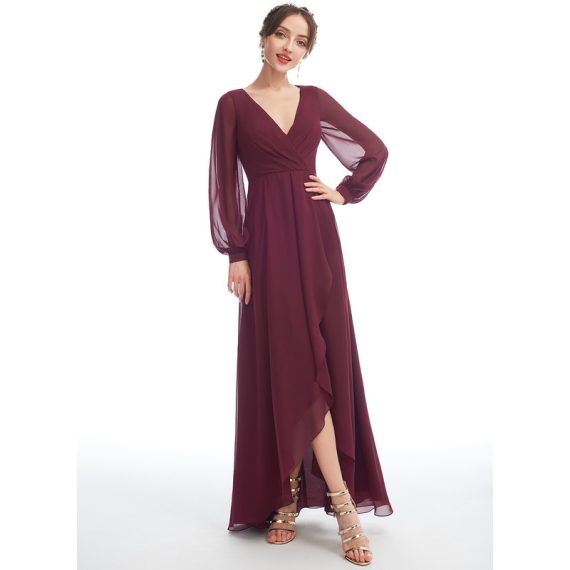 A-Line V-neck Asymmetrical Chiffon Bridesmaid Dress With Ruffle