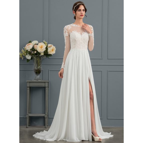 A-Line Illusion Sweep Train Chiffon Tulle Wedding Dress With Appliques Lace