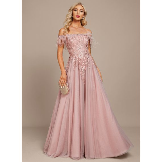 A-Line Off-the-Shoulder Floor-Length Tulle Lace Evening Dress With Beading Feather
