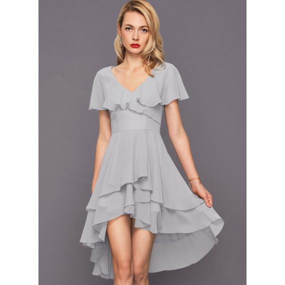 A-Line V-neck Asymmetrical Chiffon Cocktail Dress With Cascading Ruffles