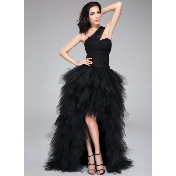 Ball-Gown/Princess One Shoulder Asymmetrical Tulle Prom Dresses With Beading Cascading Ruffles Appliques Lace Sequins