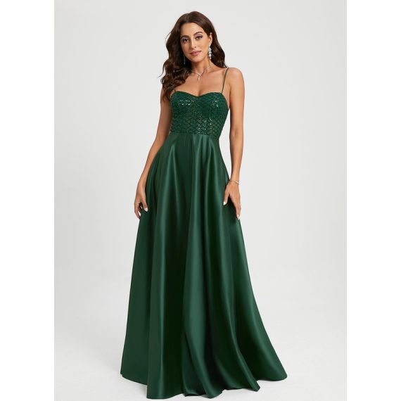 A-Line Sweetheart Floor-Length Satin Prom Dresses With Sequins