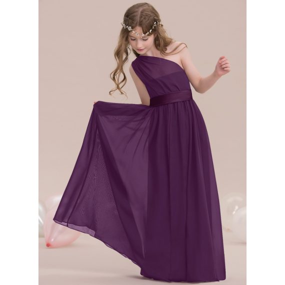 A-line One Shoulder Floor-length Chiffon Satin Junior Bridesmaid Dress