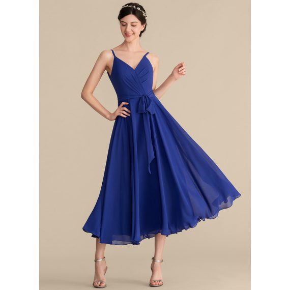 A-Line V-neck Tea-Length Chiffon Bridesmaid Dress With Ruffle Bow(s)