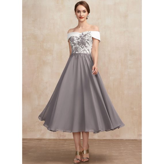 A-line Off the Shoulder Tea-length Chiffon Lace Satin Mother of the Bride Dress
