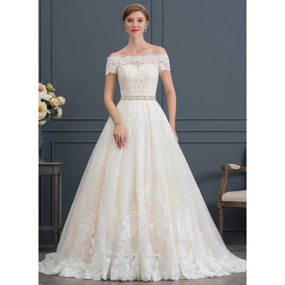 Ball-Gown/Princess Off-the-Shoulder Court Train Tulle Lace Wedding Dress With Beading Sequins