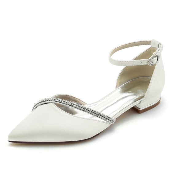 Women's Satin Flat Heel Closed Toe With ankle strap Rhinestone