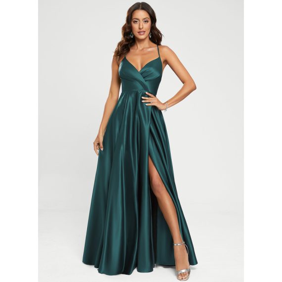 A-line V-Neck Floor-length Satin Prom Dresses