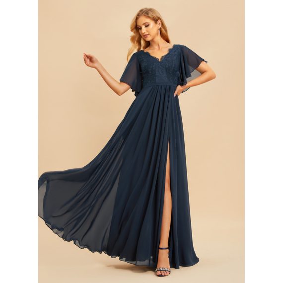 A-Line V-neck Floor-Length Chiffon Lace Bridesmaid Dress With Lace Split Front
