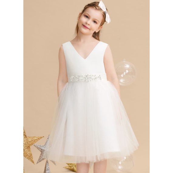 A-line V-Neck Knee-Length Satin/Tulle Flower Girl Dress