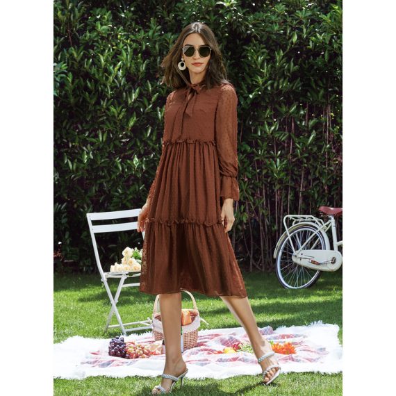 V-Neck Long Sleeves Casual A-line Chiffon Midi Dresses