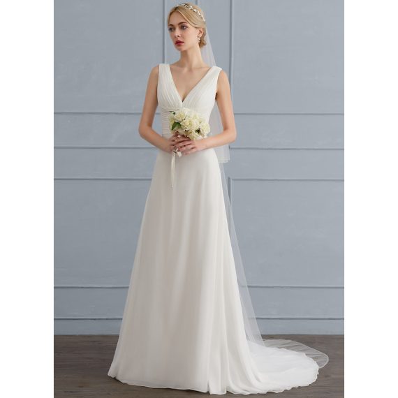 A-Line V-neck Sweep Train Chiffon Lace Wedding Dress With Ruffle