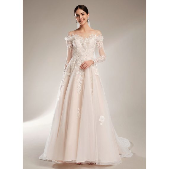 Ball-Gown/Princess Off-the-Shoulder Court Train Tulle Lace Wedding Dress With Sequins