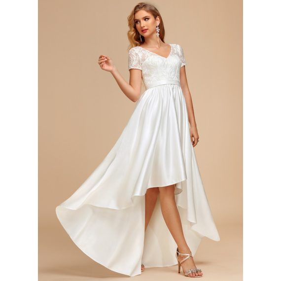 A-line V-Neck Asymmetrical Lace Satin Wedding Dress