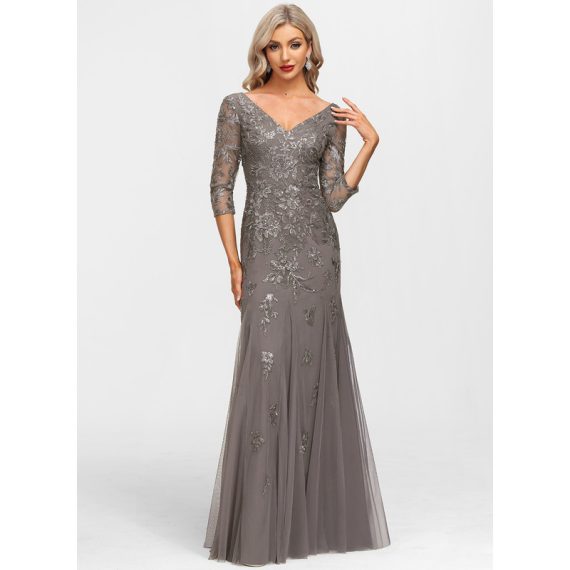 Trumpet/Mermaid V-neck Floor-Length Tulle Lace Evening Dress With Sequins
