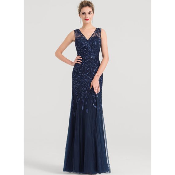 Trumpet/Mermaid V-neck Floor-Length Tulle Lace Evening Dress With Sequins