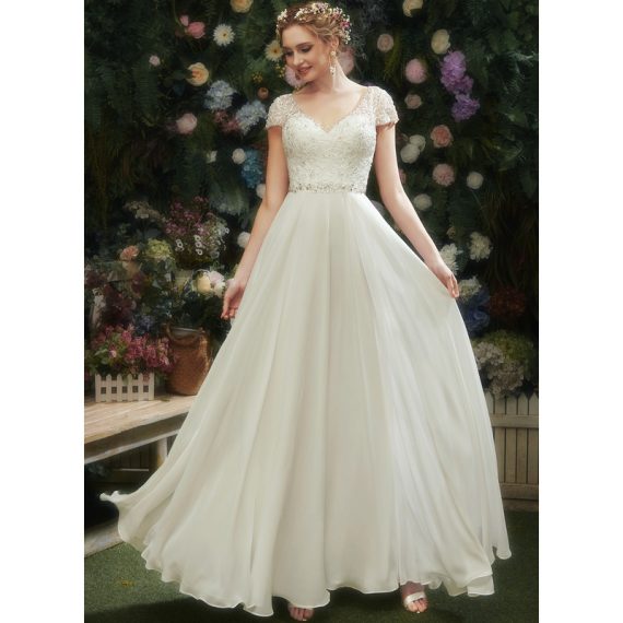 A-Line V-neck Floor-Length Chiffon Lace Wedding Dress With Beading Sequins
