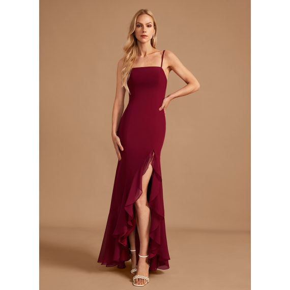 Trumpet/Mermaid Square Neckline Floor-Length Chiffon Bridesmaid Dress With Ruffle Split Front