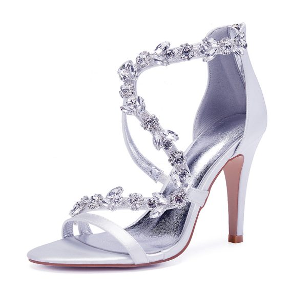 Women's Satin Stiletto Heel Uitra Hight Heel open Toe With Chain Rhinestone