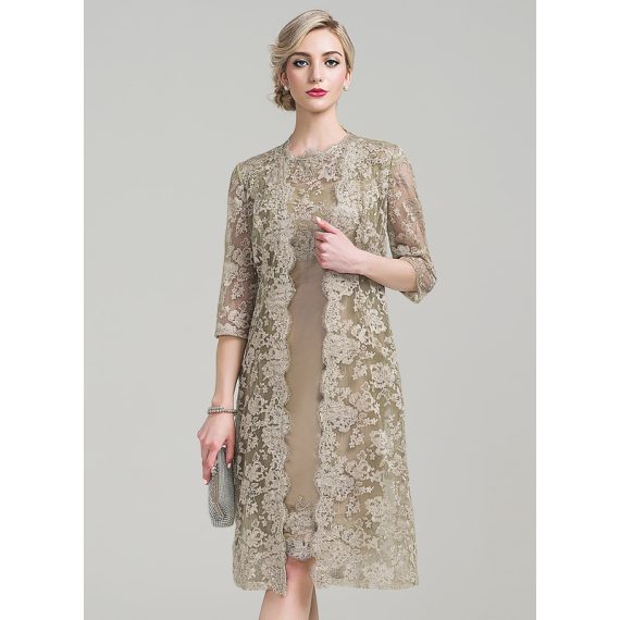 Sheath/Column Scoop Knee-length Lace Taffeta Mother of the Bride Dress
