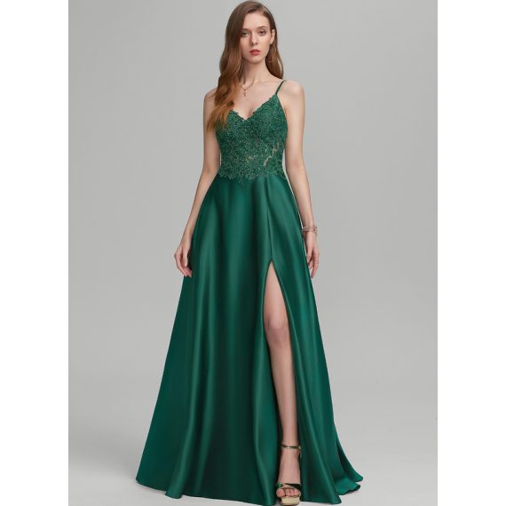 A-Line V-neck Floor-Length Satin Lace Prom Dresses