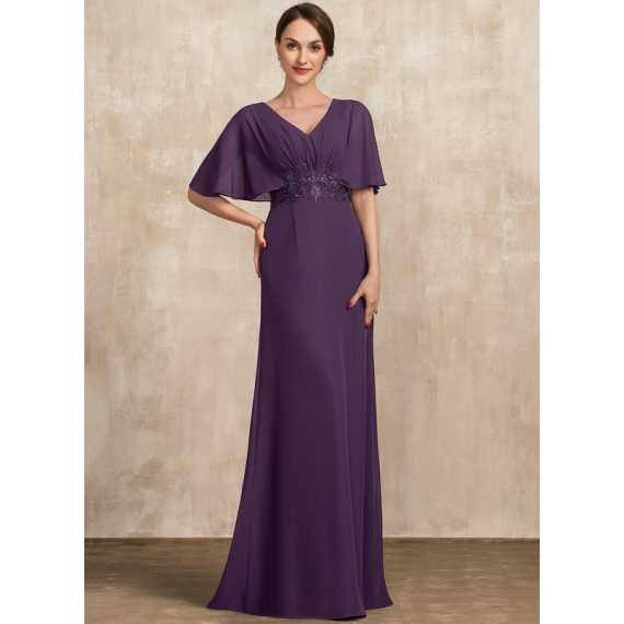 A-Line V-neck Floor-Length Chiffon Mother of the Bride Dress With Appliques Lace Sequins Pleated