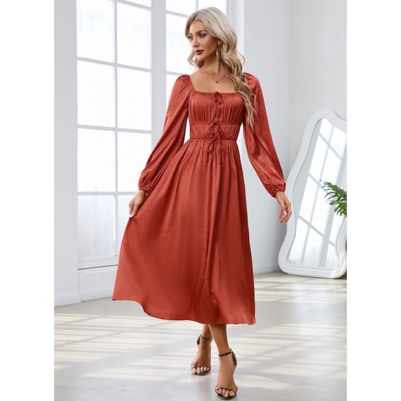 Ruffle Square Neck Long Sleeves Elegant A-line Satin Midi Dresses