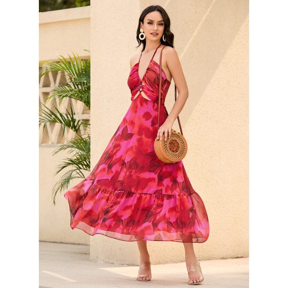 Square Neck Sleeveless Vacation A-line Chiffon Midi Dresses