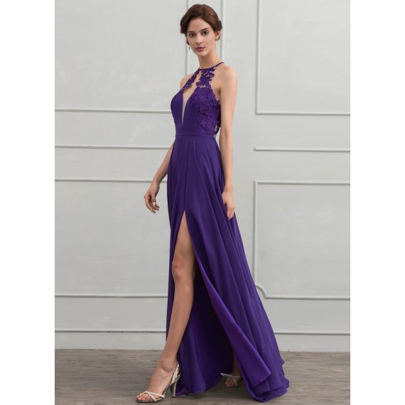 A-Line Scoop Illusion Floor-Length Chiffon Evening Dress With Appliques Lace