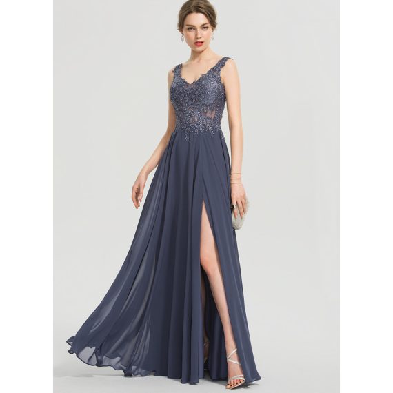 A-Line V-neck Floor-Length Chiffon Lace Prom Dresses With Beading Sequins