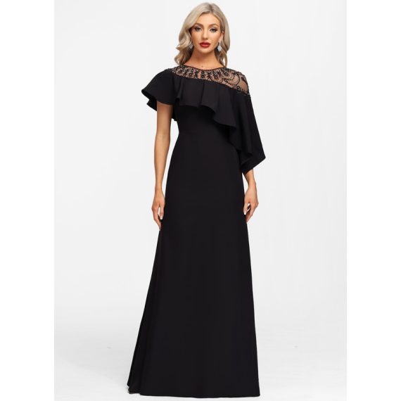 A-Line Scoop Illusion Floor-Length Stretch Crepe Evening Dress With Beading