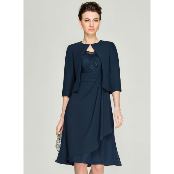 A-line V-Neck Knee-length Chiffon Lace Mother of the Bride Dress With Cascading Ruffles