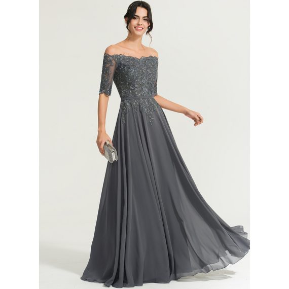A-Line Off-the-Shoulder Floor-Length Chiffon Lace Evening Dress With Rhinestone