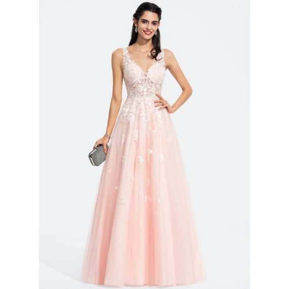 Ball-Gown/Princess V-neck Floor-Length Tulle Lace Prom Dresses With Beading Sequins