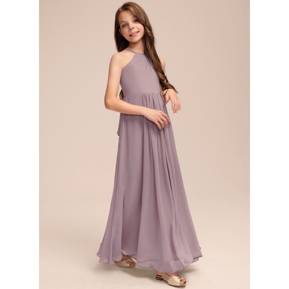 A-Line Halter Floor-Length Chiffon Junior Bridesmaid Dress With Cascading Ruffles