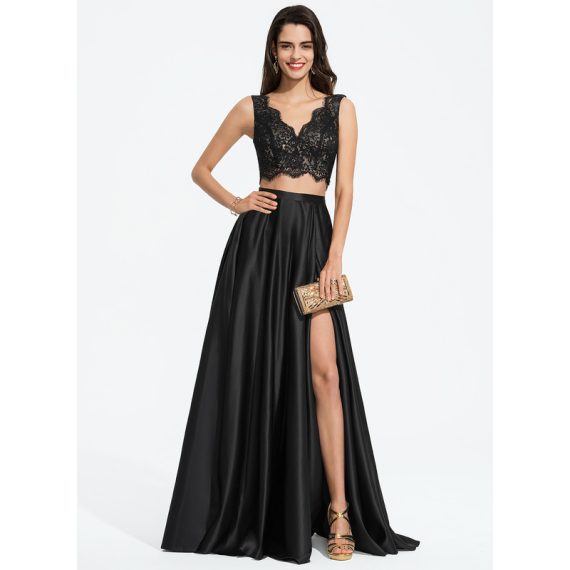 A-Line V-neck Floor-Length Satin Lace Prom Dresses