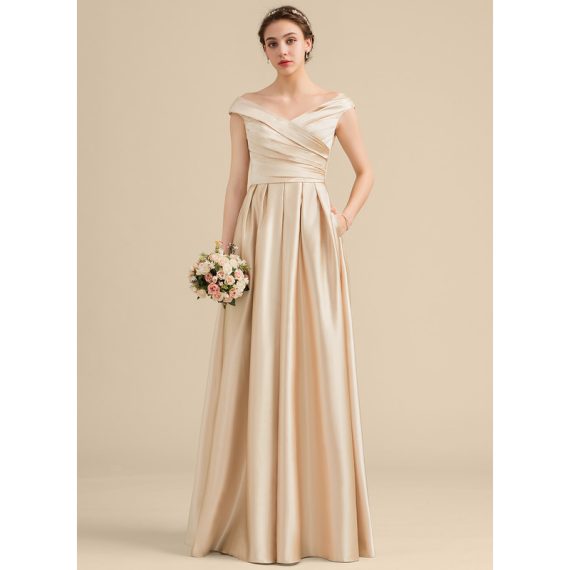 A-Line Off-the-Shoulder Floor-Length Satin Bridesmaid Dress With Ruffle Pockets