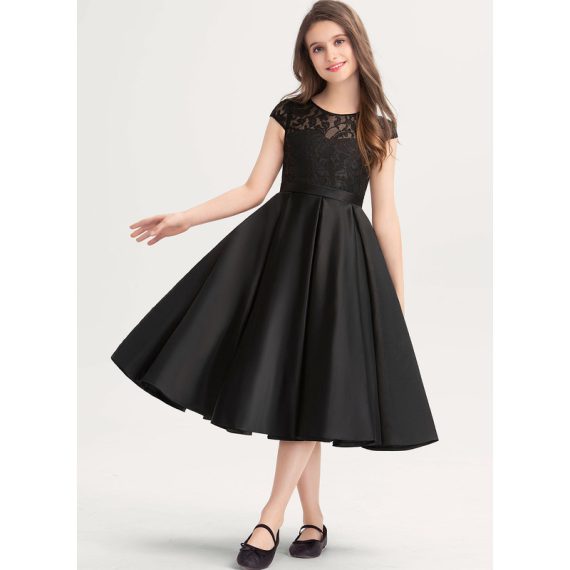 A-line Scoop Knee-length Lace Satin Junior Bridesmaid Dress