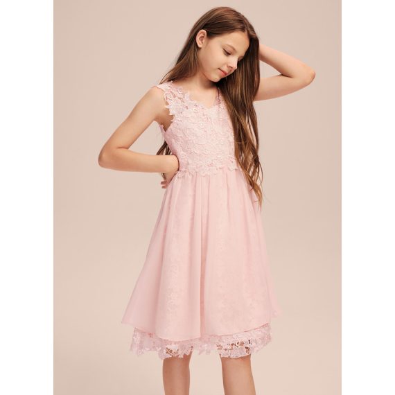 A-Line V-neck Knee-Length Chiffon Lace Junior Bridesmaid Dress