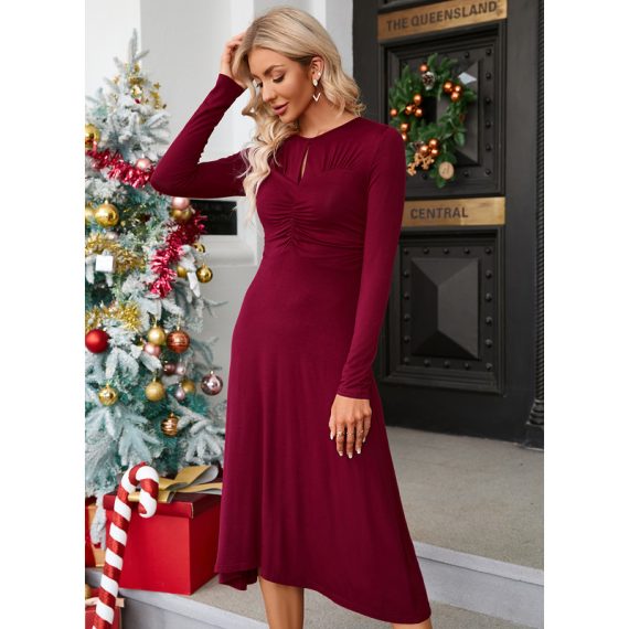 Round Neck Long Sleeves Elegant A-line Cotton Blends Midi Dresses