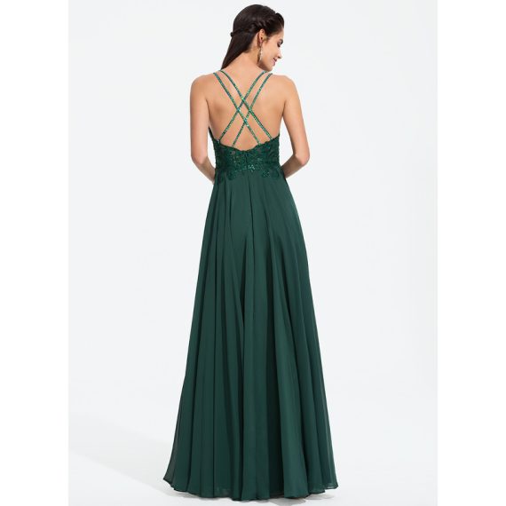 A-line V-Neck Floor-Length Chiffon Prom Dresses With Beading Sequins