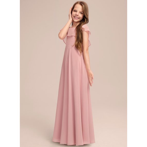 A-Line Scoop Floor-Length Chiffon Junior Bridesmaid Dress With Cascading Ruffles