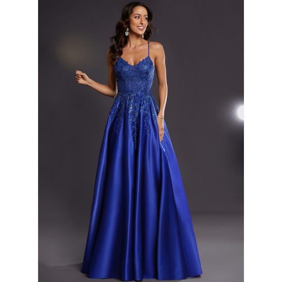 A-line V-Neck Floor-length Satin Prom Dresses With Sequins
