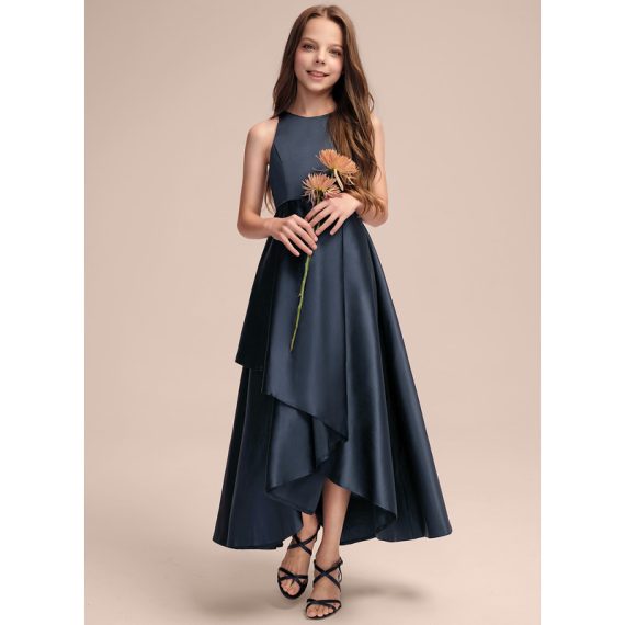 A-line Scoop Asymmetrical Satin Junior Bridesmaid Dress With Cascading Ruffles