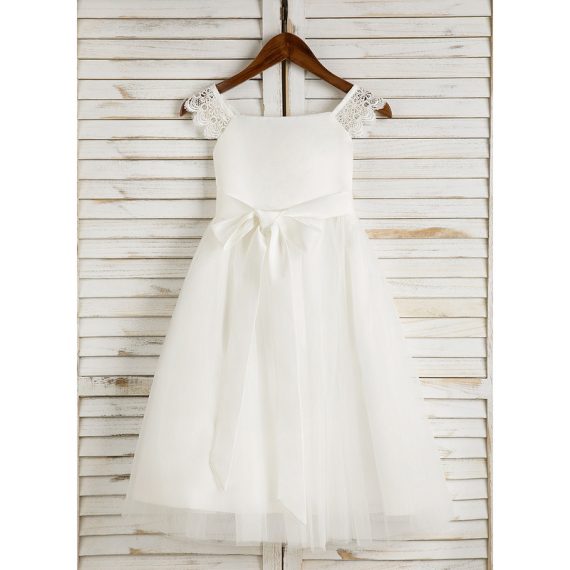 A-line Square Tea-Length Satin/Tulle Flower Girl Dress