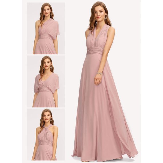 A-Line One-Shoulder Halter V-neck Floor-Length Chiffon Bridesmaid Dress With Ruffle
